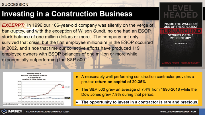 Succession: Investing in a Construction Business. Book: Level Headed, Inside the Walls of One of the Greatest Turnaround Stories of the 21st Century by J. Doug Pruitt and Richard Condit.