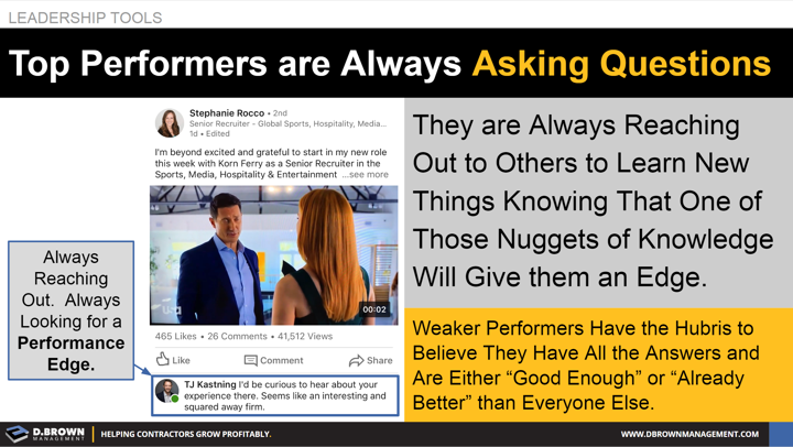 Leadership Tools: Top Performers are Always Asking Questions. Weaker performers believe they have all the answers.