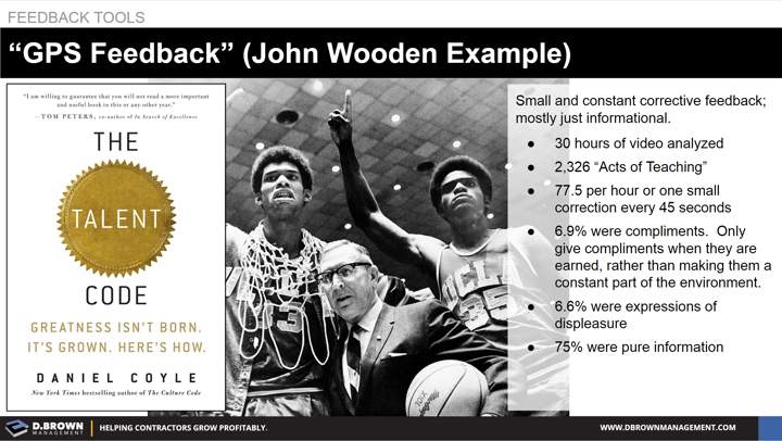 Feedback Tools: GPS Feedback, John Wooden Example. Book: The Talent Code by Daniel Coyle.