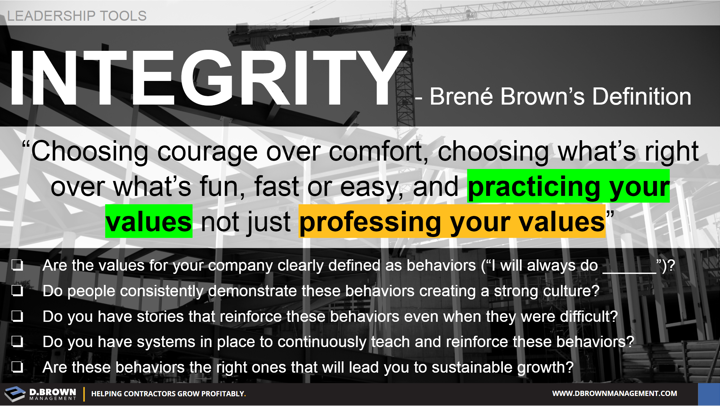 Leadership Tools: Integrity Definition. Quote: Choosing courage over comfort, choosing what's right over what's fun, fast, or easy, and practicing your values not just professing your values" Brene Brown.