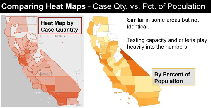 Comparing Heat Maps - Case Quantity vs Percent of Population.
