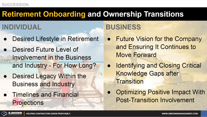Succession: Retirement Onboarding and Ownership Transitions. Comparing Individual and Business goals.