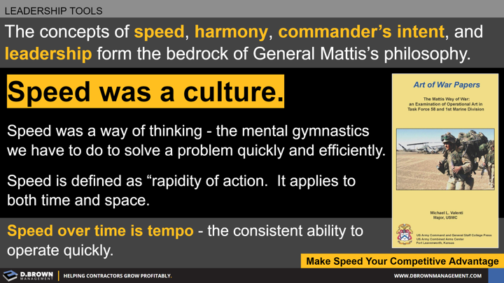 Leadership Tools: The concepts of speed, harmony, commander's intent, and leadership form the bedrock of General Mattis's philosophy. Make speed your competitive advantage.