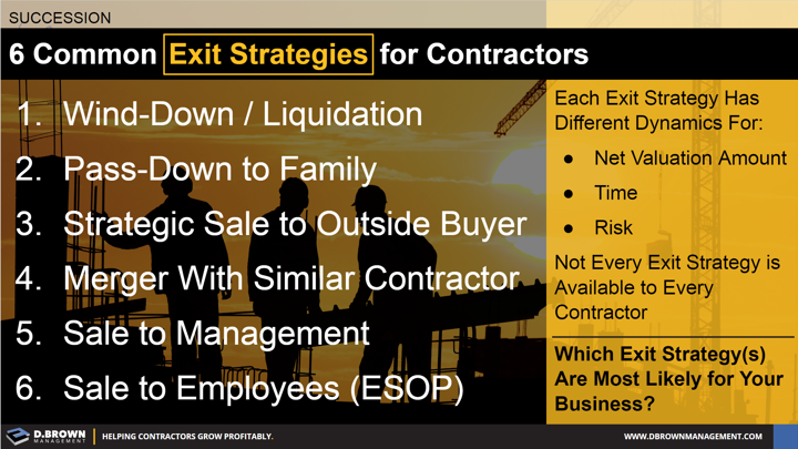 Succession: Six Common Exit Strategies for Contractors. Liquidation, Pass Down to Family, Strategic Sale to Outside Buyer, Merger with Similar Contractor, Sale to Management, Sale to Employees.